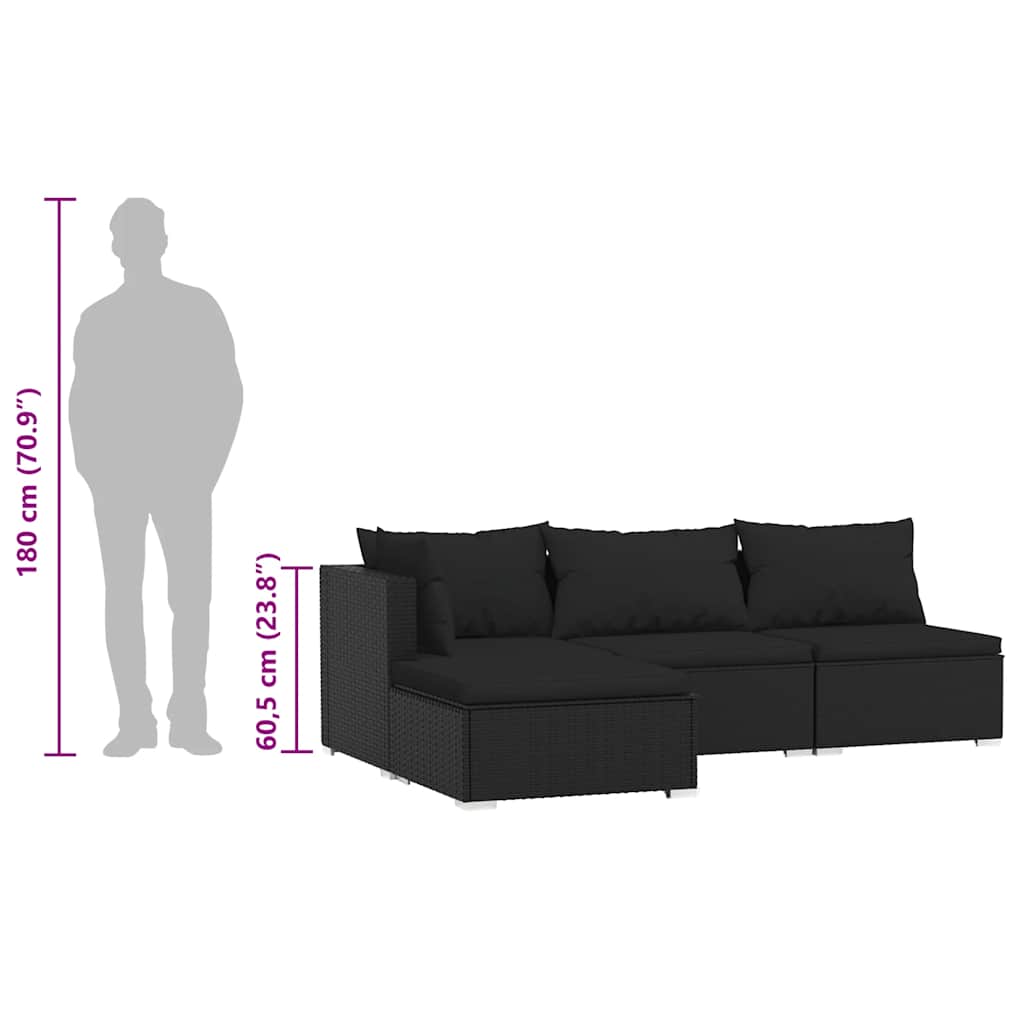 vidaXL 4-tlg. Garten-Lounge-Set mit Auflagen Schwarz Poly Rattan