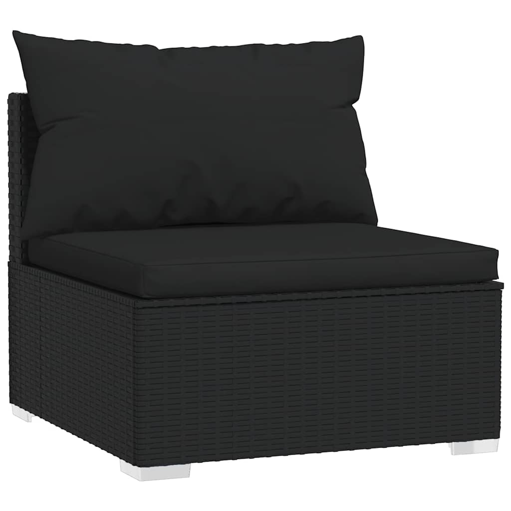vidaXL Canapé central de jardin avec coussins en résine tressée noire