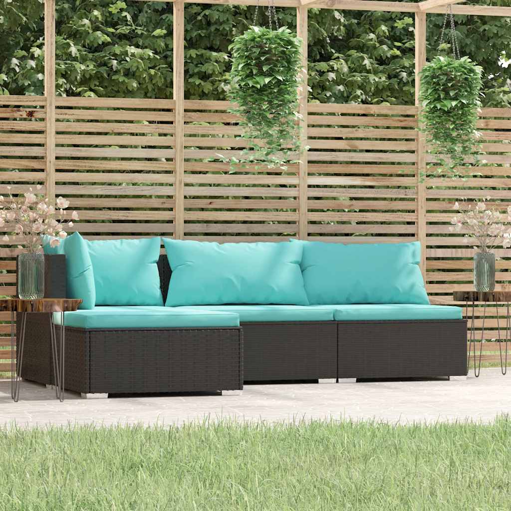 vidaXL Salon de jardin 4 pcs avec coussins Noir Résine tressée