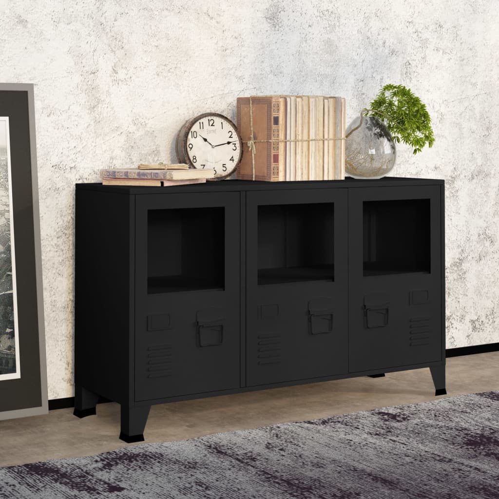 vidaXL Buffet industriel noir 105x35x62 cm Métal et verre