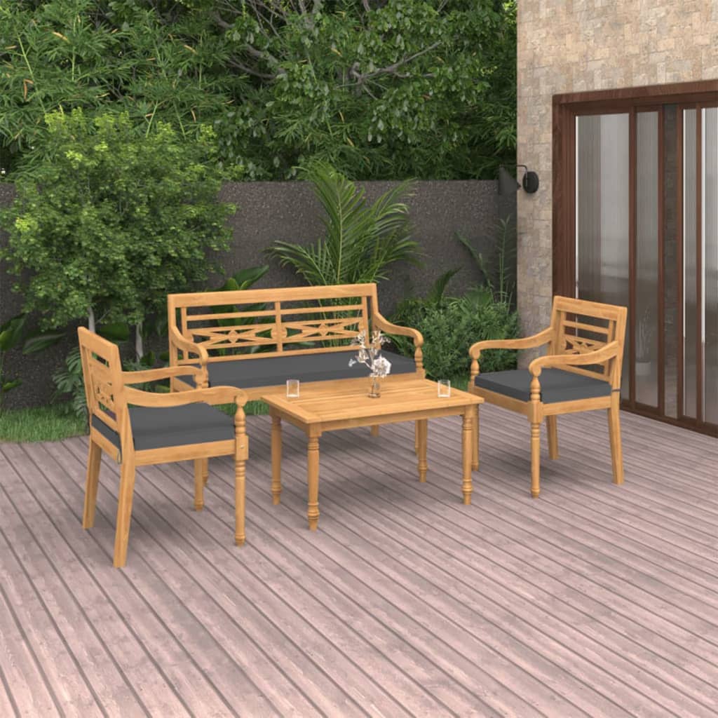 vidaXL Salon de jardin 4 pcs avec coussins Bois de teck massif