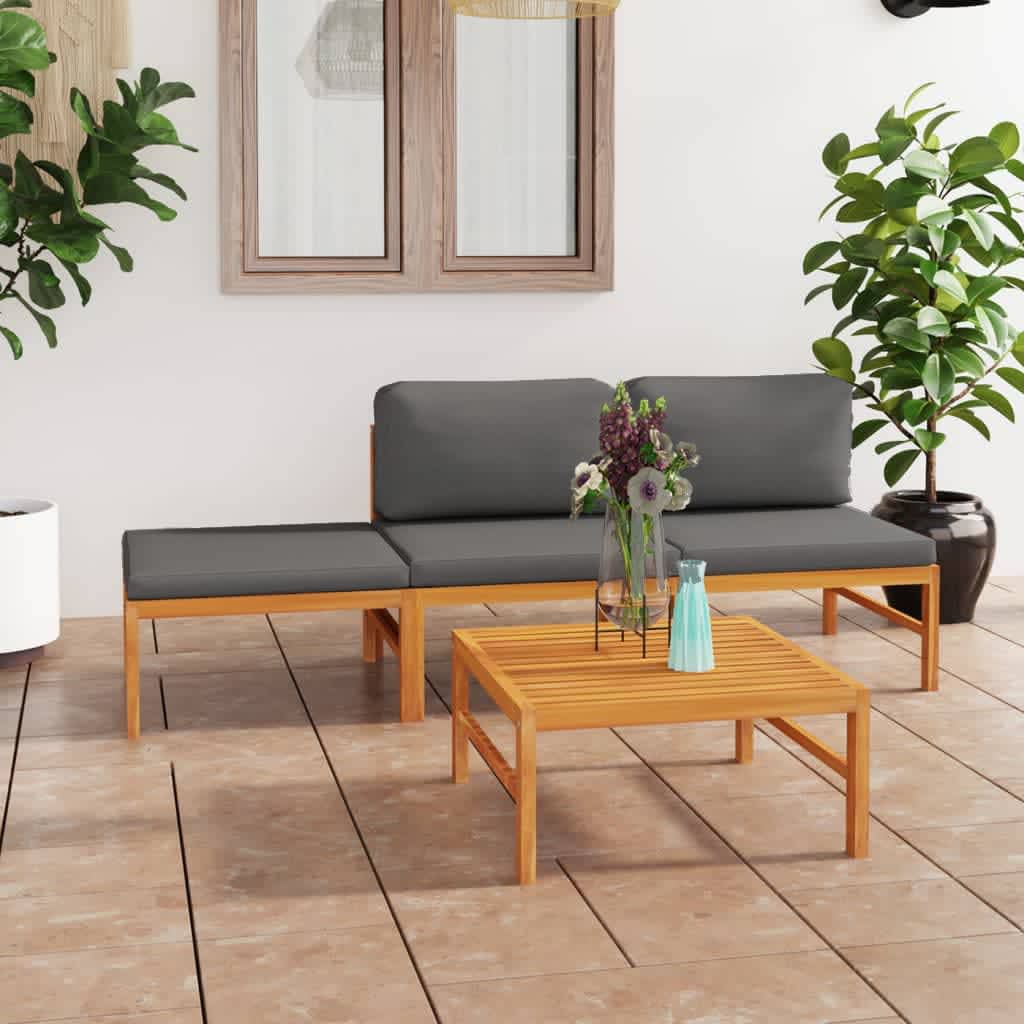 vidaXL Salon de jardin 4 pièces avec coussins gris, bois de teck massif