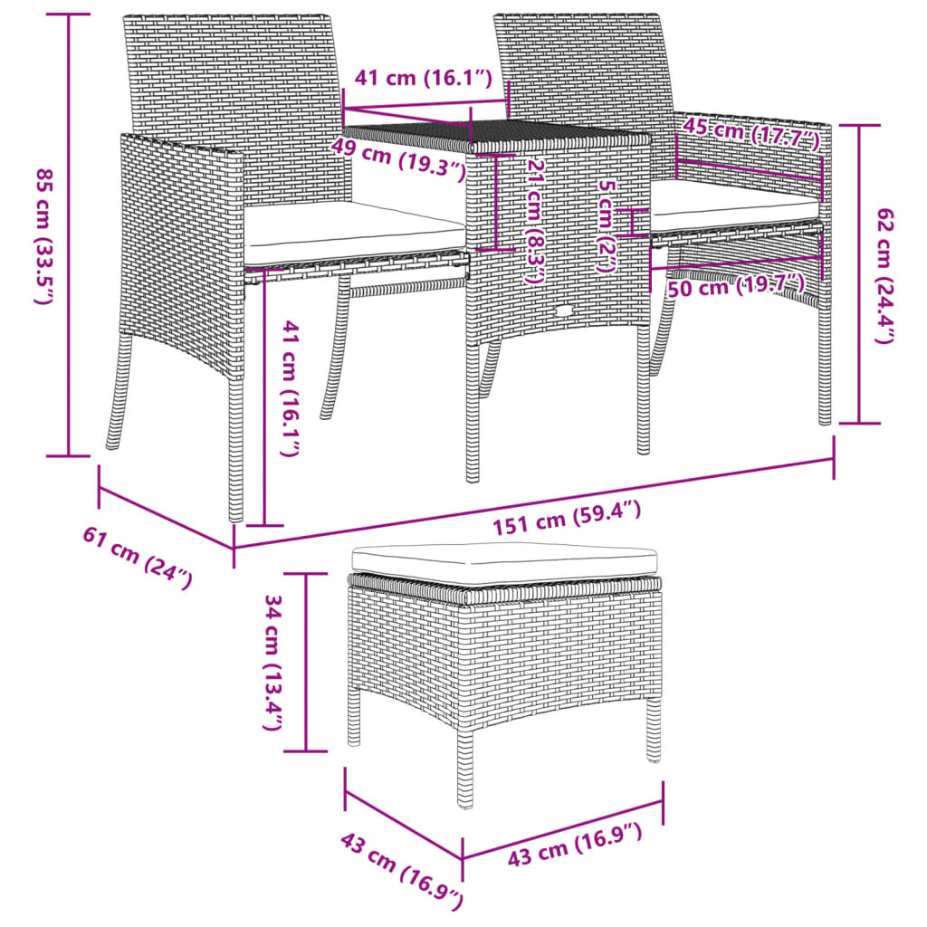 vidaXL Canapé de jardin 2 places avec table et tabourets résine tressée noir