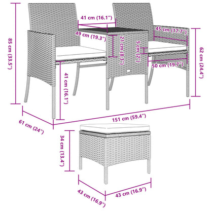 vidaXL Canapé de jardin 2 places avec table et tabourets résine tressée noir