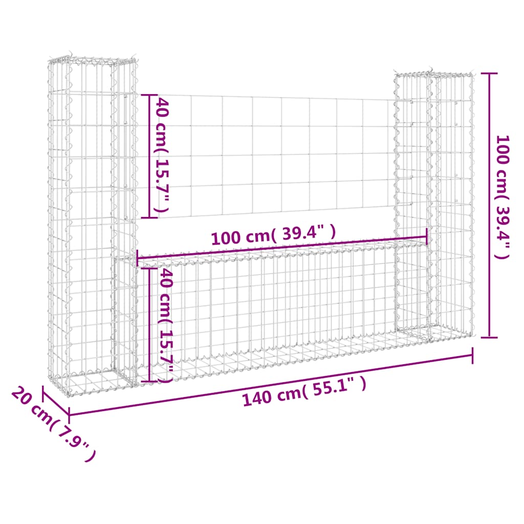 vidaXL Gabion U-förmiger Korb mit 2 Säulen Eisen 140x20x100 cm