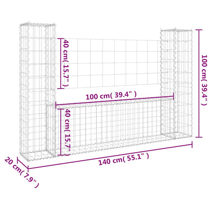 vidaXL Gabion U-förmiger Korb mit 2 Säulen Eisen 140x20x100 cm
