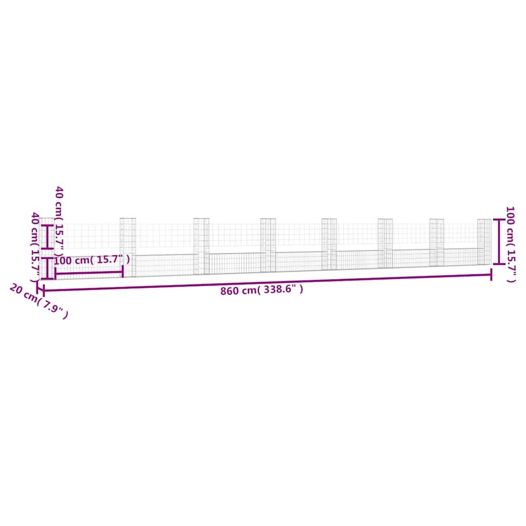 vidaXL Gabionenkorb en U avec 8 poteaux en fer 860x20x100 cm