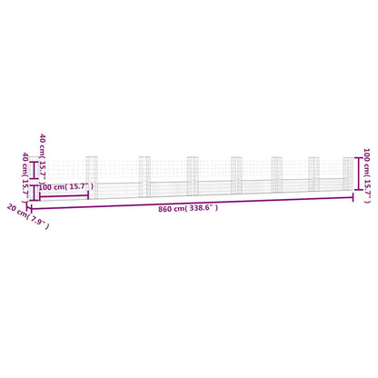 vidaXL Gabionenkorb en U avec 8 poteaux en fer 860x20x100 cm
