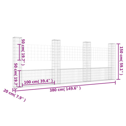 vidaXL Panier de gabion en U avec 4 poteaux en fer 380x20x150 cm