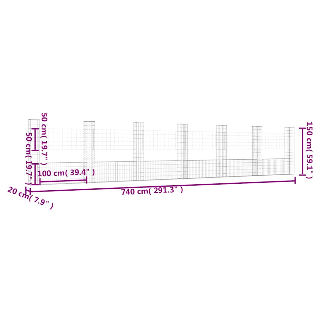 vidaXL Gabionenkorb U-förmig mit 7 Säulen Eisen 740x20x150 cm