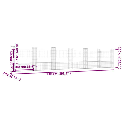 vidaXL Gabionenkorb U-förmig mit 7 Säulen Eisen 740x20x150 cm