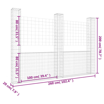 vidaXL Panier Gabion en U avec 3 Piliers Fer 260x20x200 cm