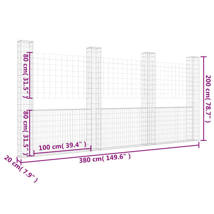 vidaXL Gabionenkorb U-Form mit 4 Säulen Eisen 380x20x200 cm