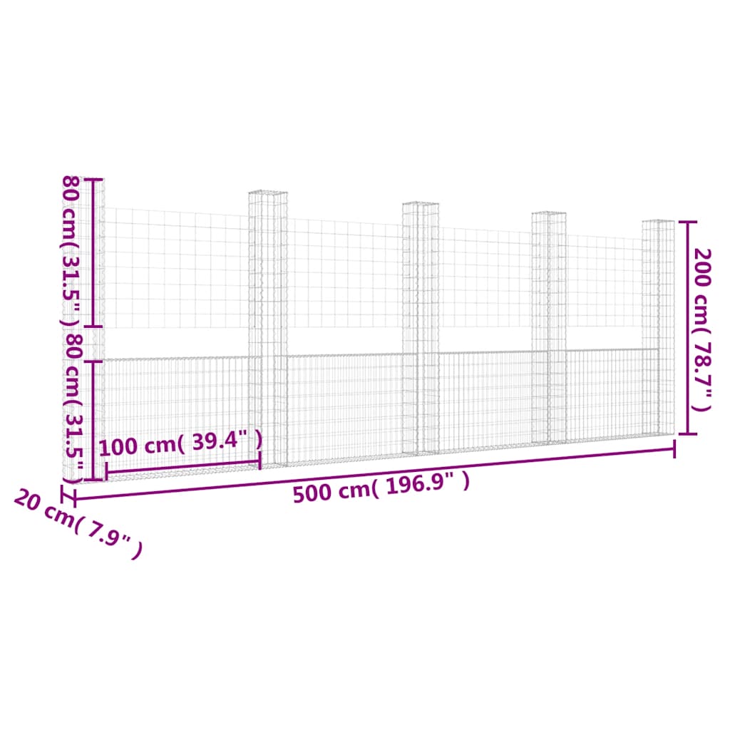 vidaXL Gabionenkorb U-Form mit 5 Säulen Eisen 500x20x200 cm