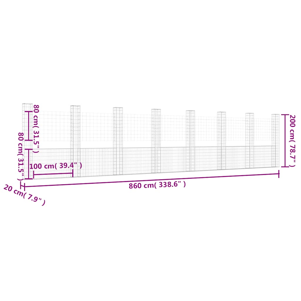 vidaXL Gabionenkorb U-Form mit 8 Säulen Eisen 860x20x200 cm