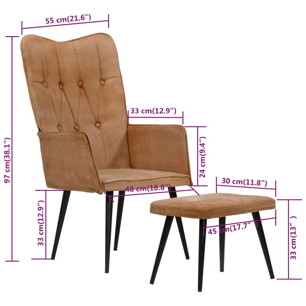 vidaXL Ohrensessel mit Hocker Braun Canvas