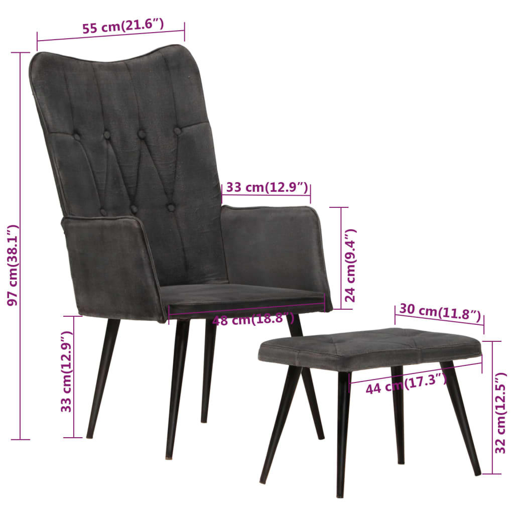 vidaXL Ohrensessel mit Hocker Schwarz Vintage Canvas