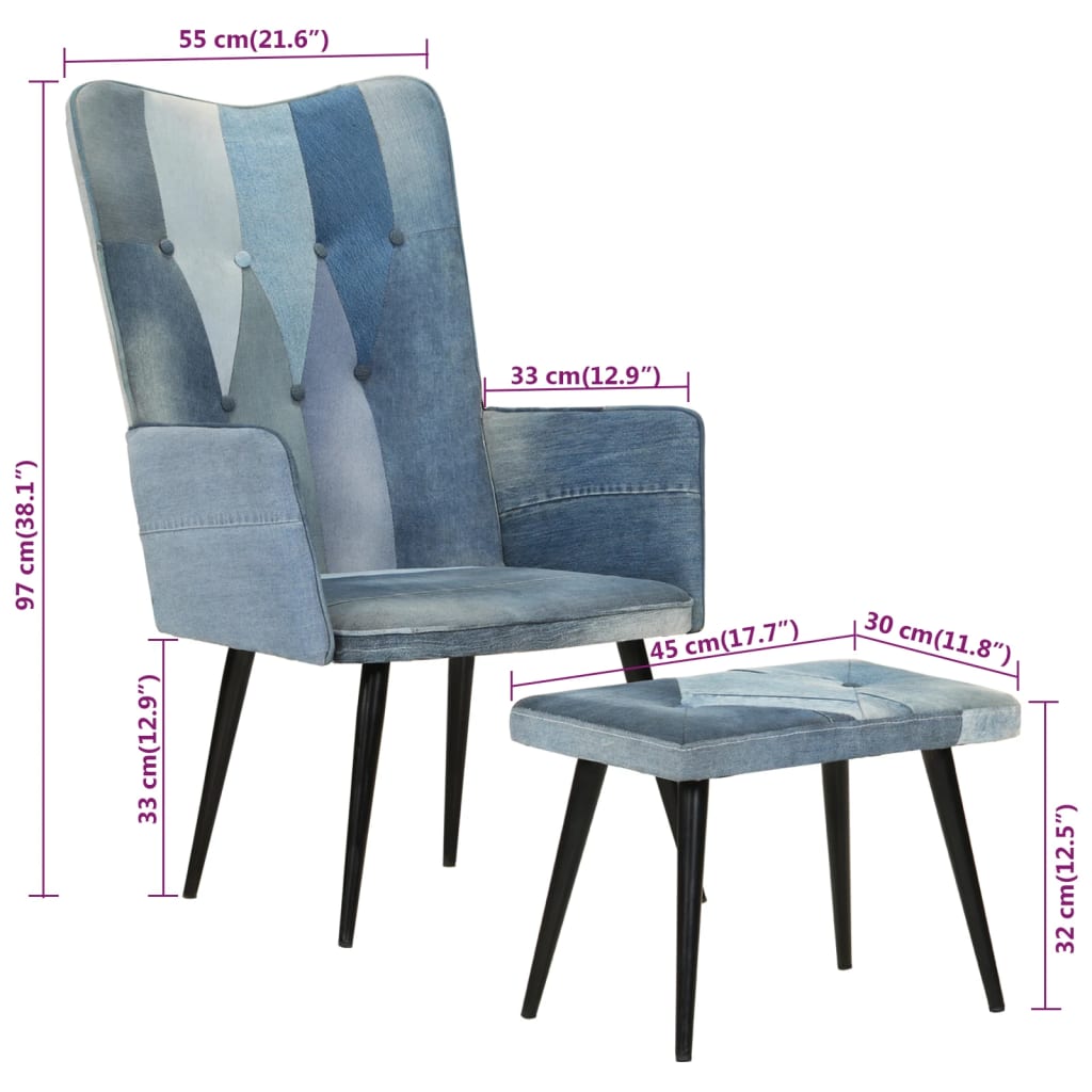 vidaXL Sessel mit Hocker Blau Denim Patchwork Canvas