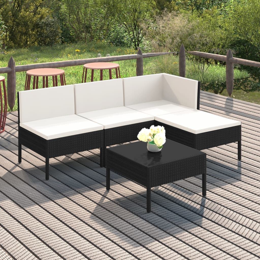 vidaXL 5-tlg. Garten-Lounge-Set mit Auflagen Poly Rattan Schwarz
