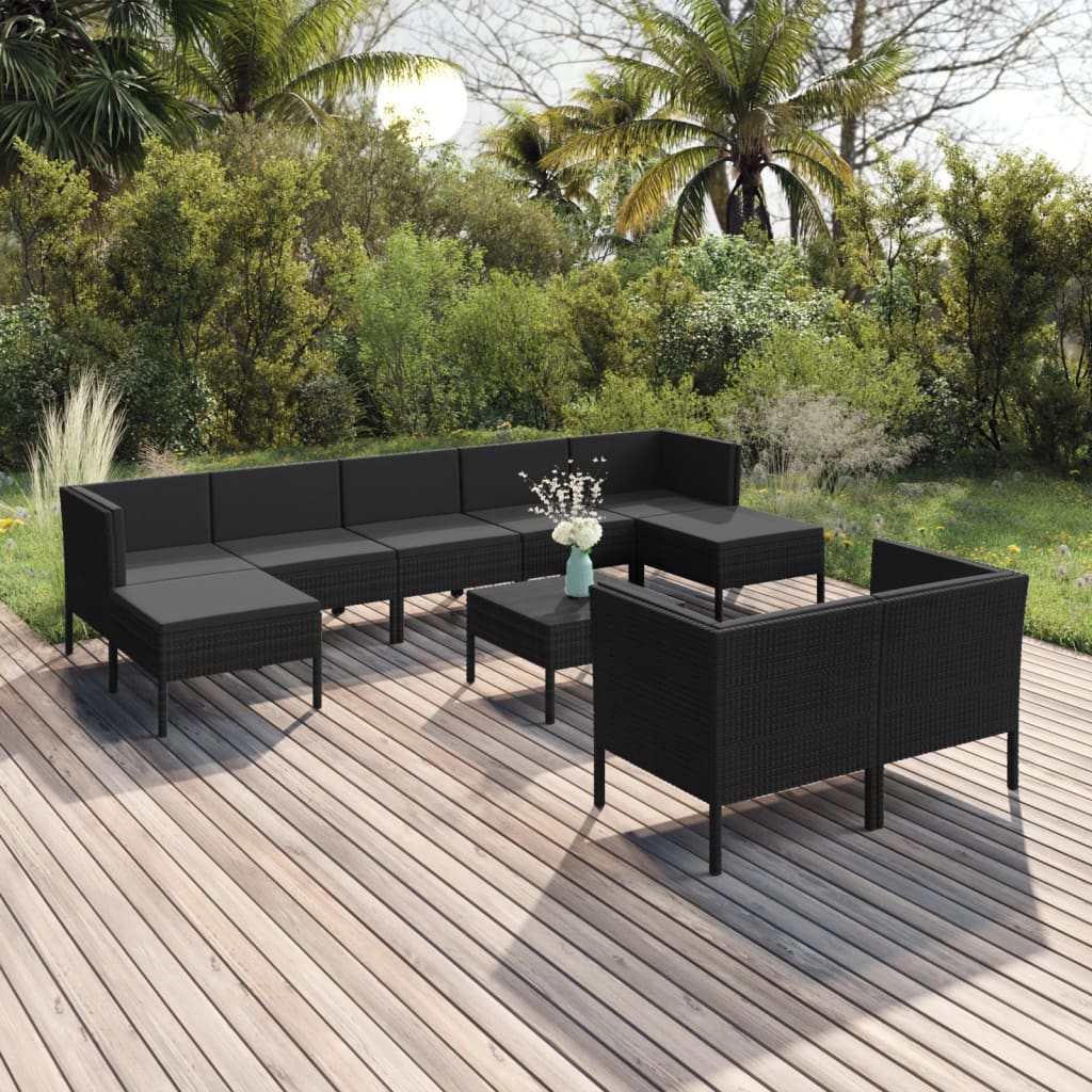 vidaXL 10-tlg. Garten-Lounge-Set mit Auflagen Poly Rattan Schwarz