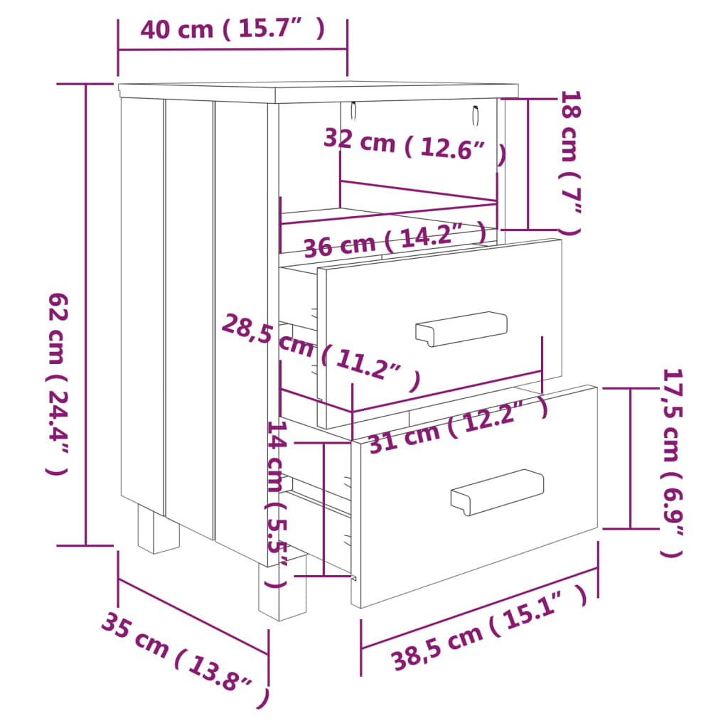 vidaXL Nachttische HAMAR 2 Stk. Dunkelgrau 40x35x62 cm Massivholz