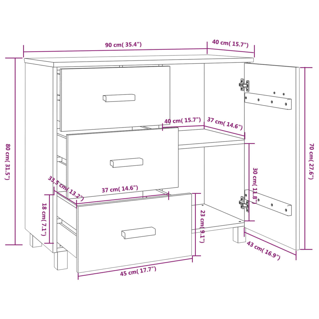 vidaXL Buffet HAMAR marron miel 90x40x80 cm bois de pin massif