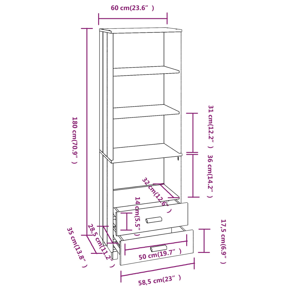 vidaXL Highboard HAMAR Gris foncé 60x35x180 cm Bois de pin massif