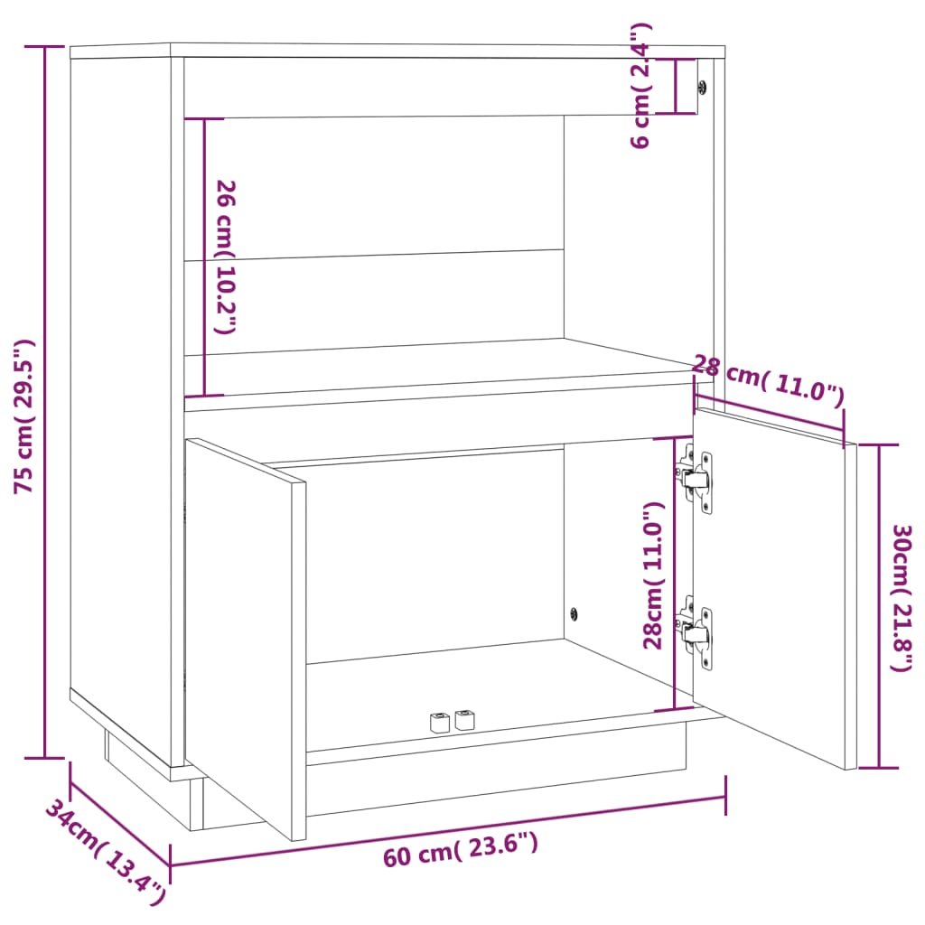 vidaXL Commode blanche 60x34x75 cm Bois de pin massif