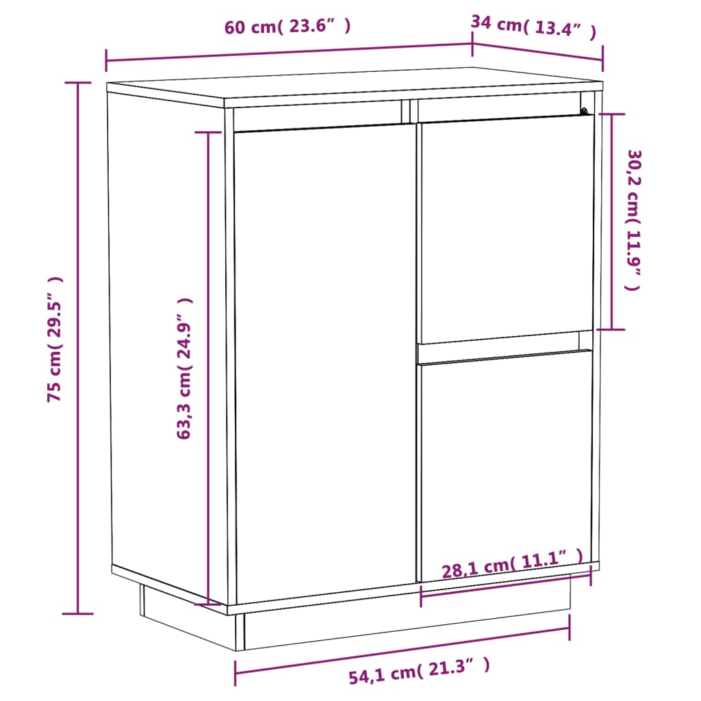 vidaXL Bahut noir 60x34x75 cm Bois de pin massif