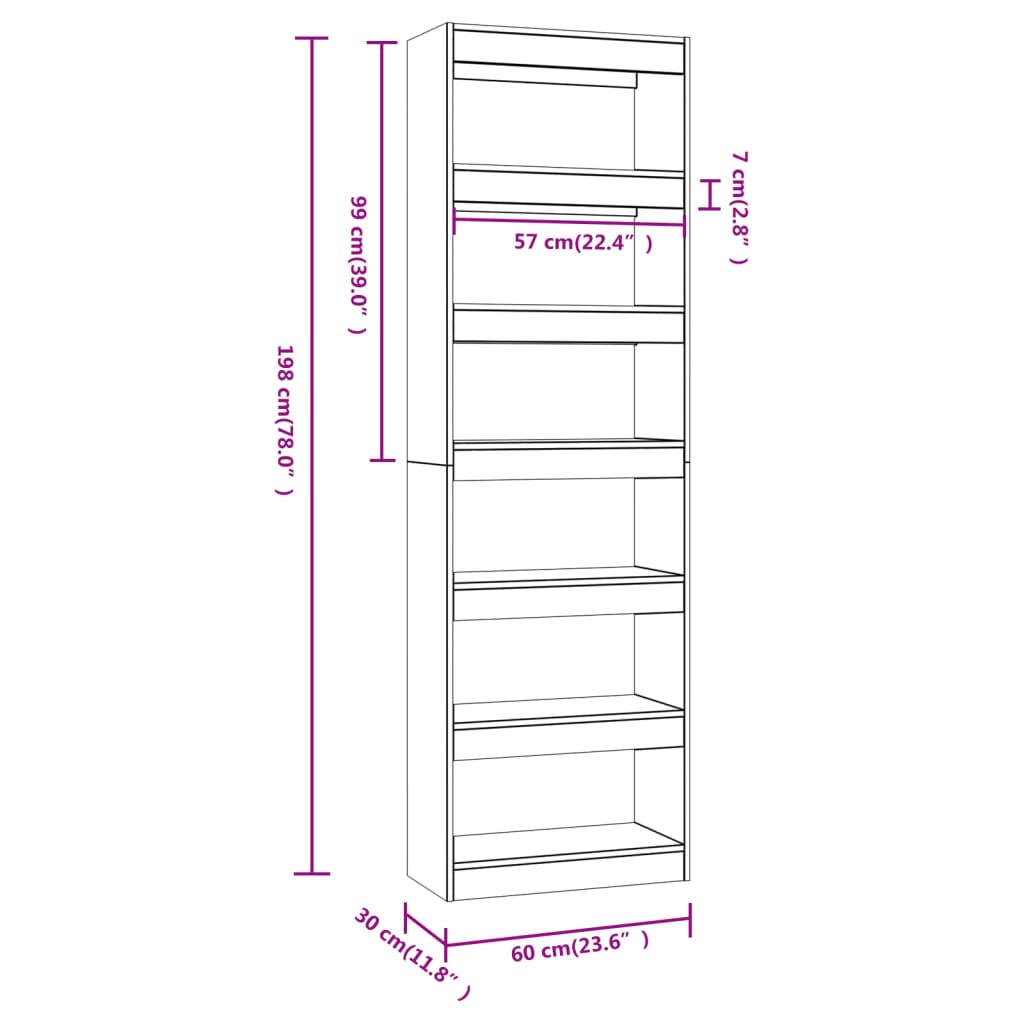 vidaXL Bücherregal/Raumteiler Hochglanz-Weiß 60x30x198 cm