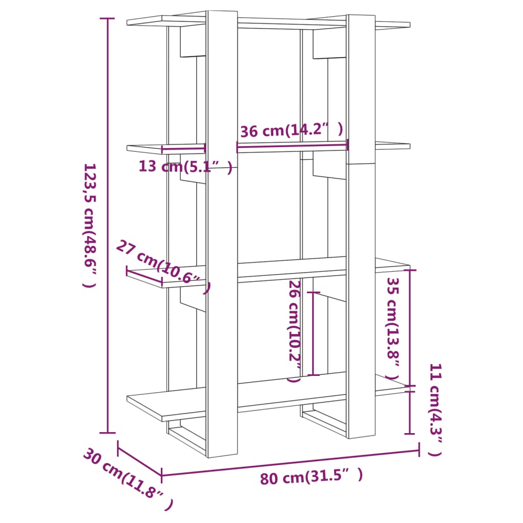 vidaXL Bücherregal/Raumteiler Grau Sonoma 80x30x123,5 cm