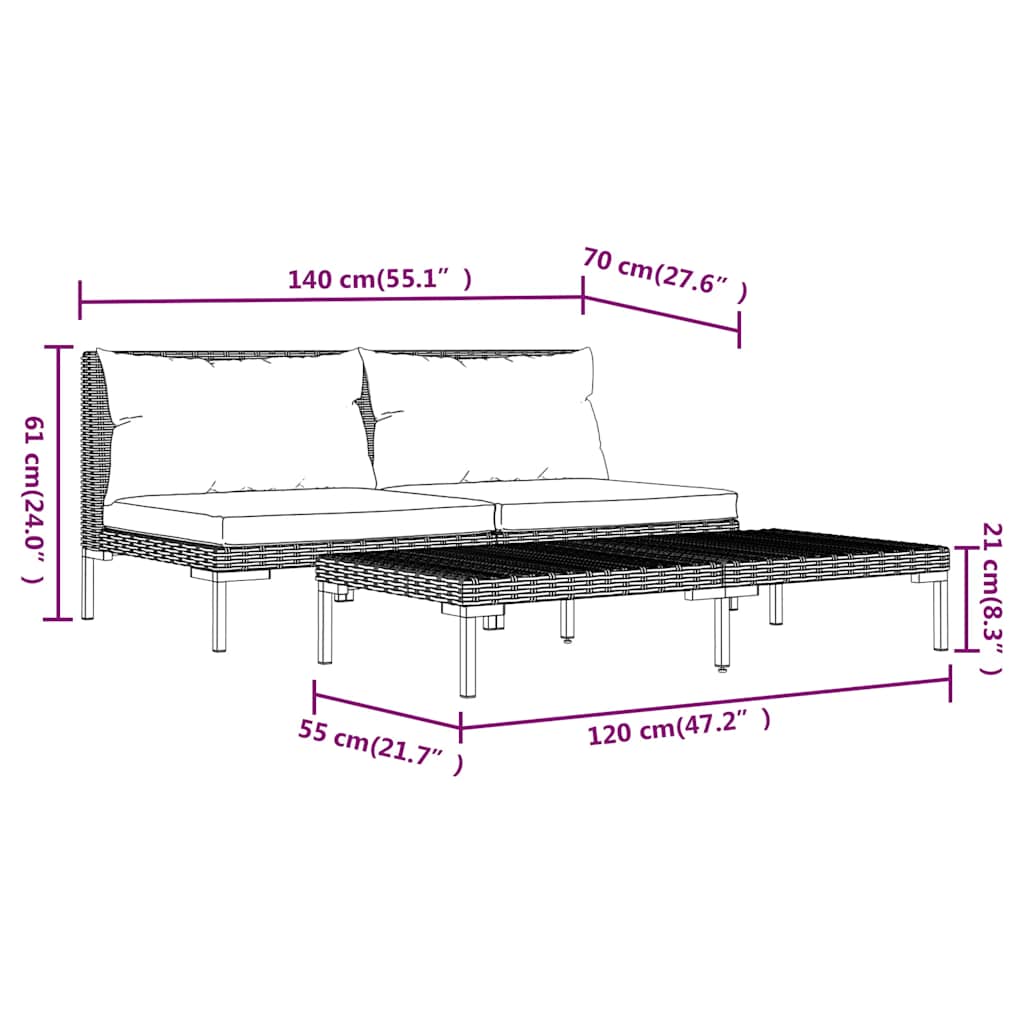 vidaXL Ensemble de mobilier de jardin 3 pcs Gris foncé Rotin synthétique semi-circulaire