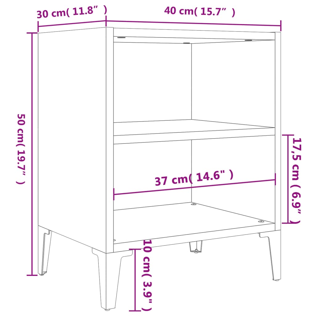 vidaXL Table de chevet avec pieds en métal Gris Sonoma 40x30x50 cm
