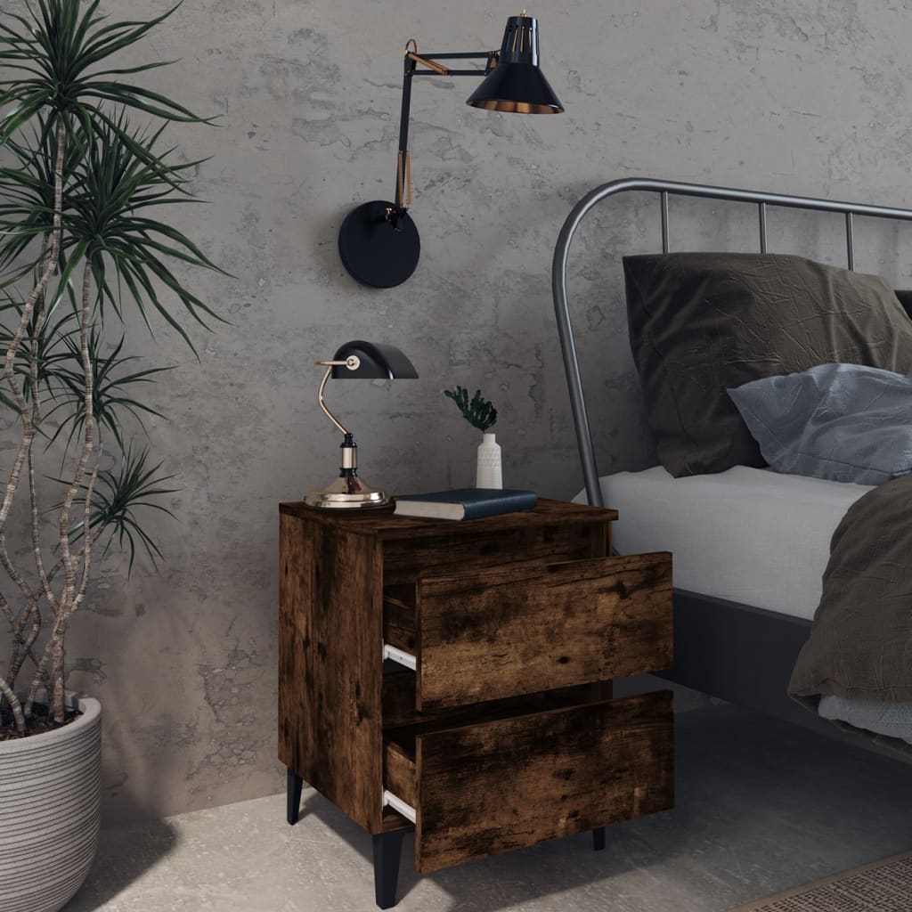 vidaXL Table de chevet avec pieds en métal Chêne fumé 40x35x50 cm