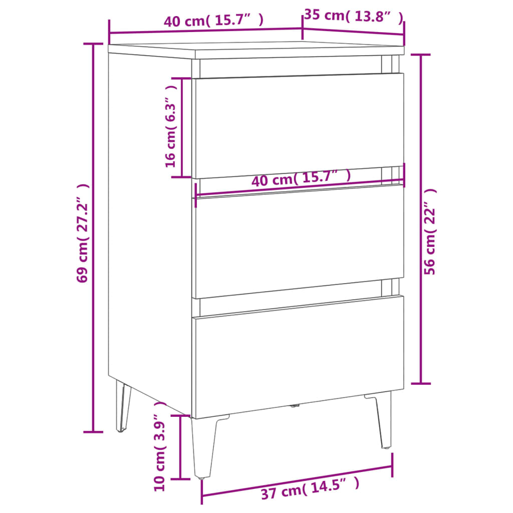 vidaXL Tables de chevet 2 pcs avec pieds en métal Marron Aspect chêne 40x35x69 cm