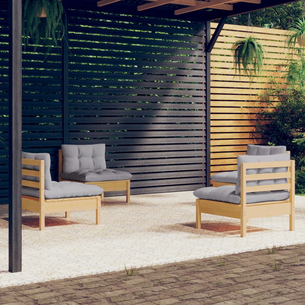vidaXL Salon de jardin 4 pcs avec coussins gris Bois de pin