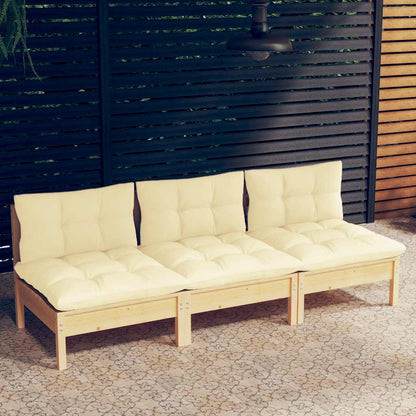 vidaXL Canapé de jardin 3 places avec coussins crème Bois de pin massif