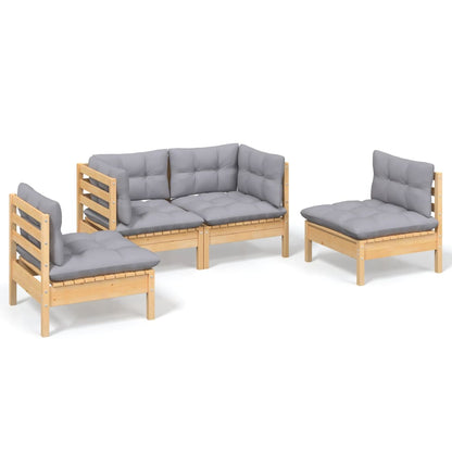 vidaXL Salon de jardin 4 pcs avec coussins gris Bois de pin massif