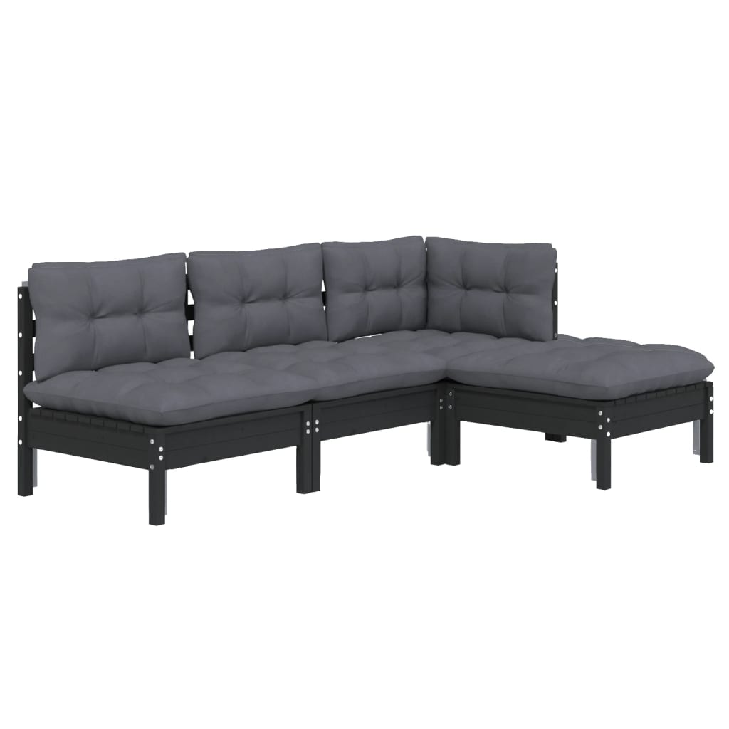 vidaXL Ensemble de meubles de jardin 4 pcs avec coussins Noir Bois de pin