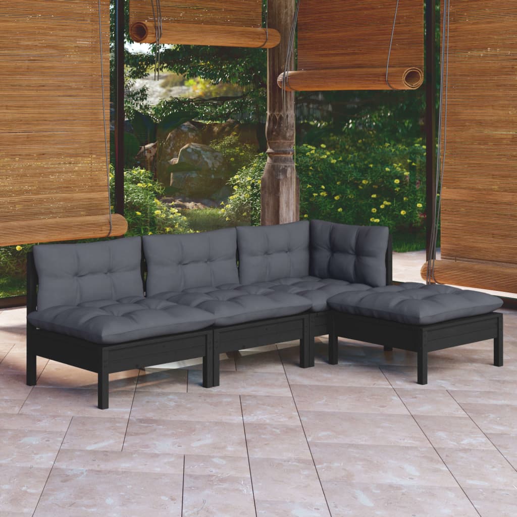 vidaXL Ensemble de meubles de jardin 4 pcs avec coussins Noir Bois de pin