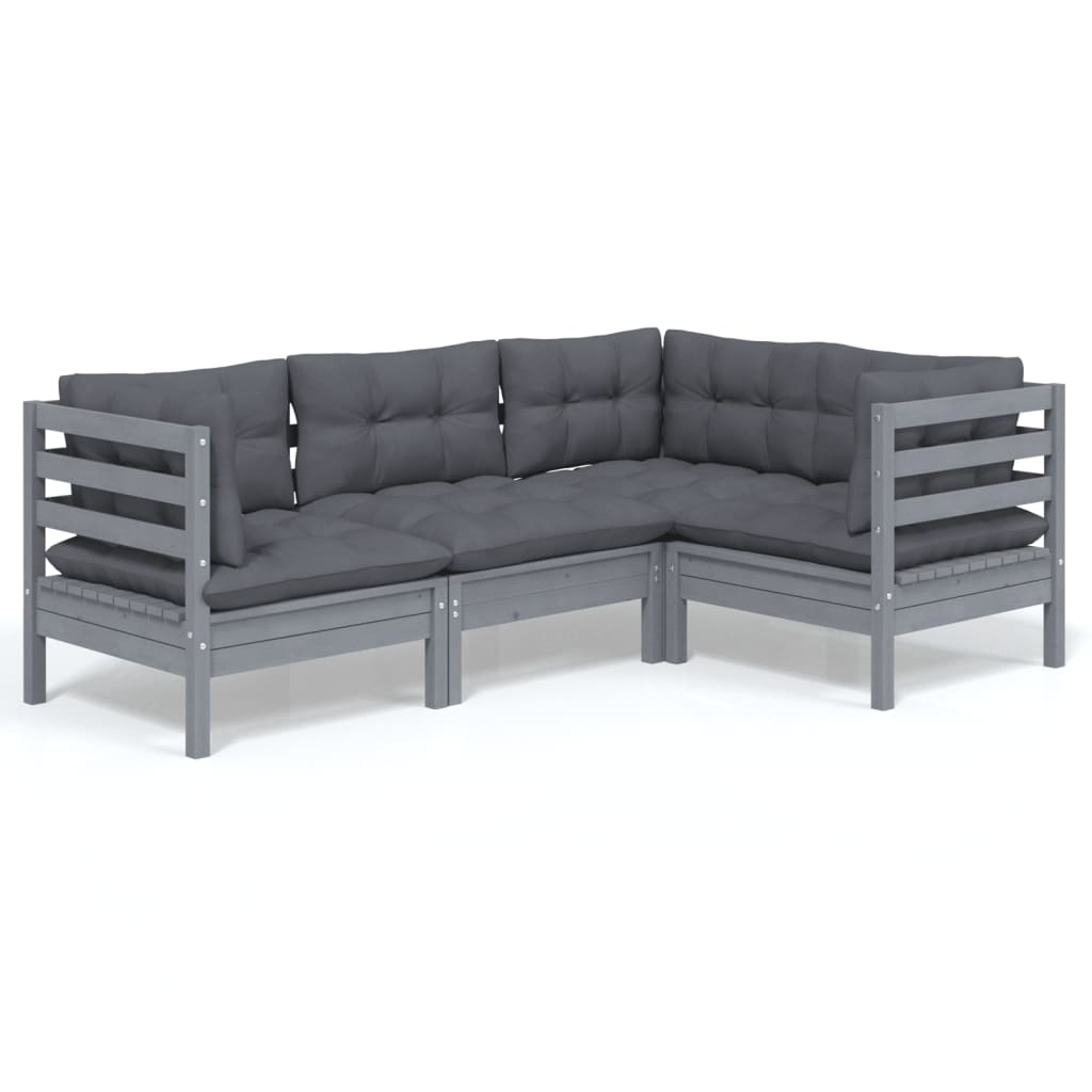 vidaXL 4-tlg. Garten-Lounge-Set mit Kissen Grau Kiefernholz