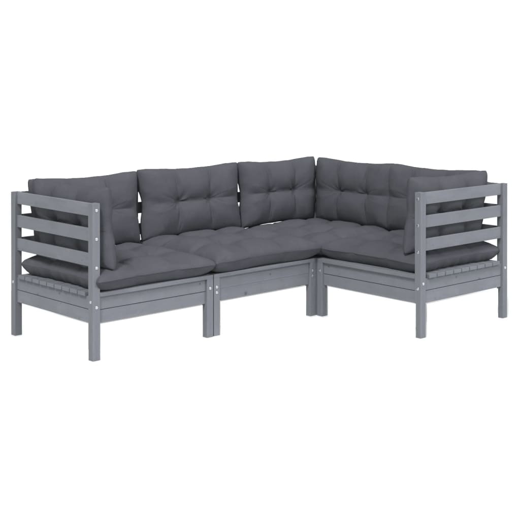 vidaXL 4-tlg. Garten-Lounge-Set mit Kissen Grau Kiefernholz