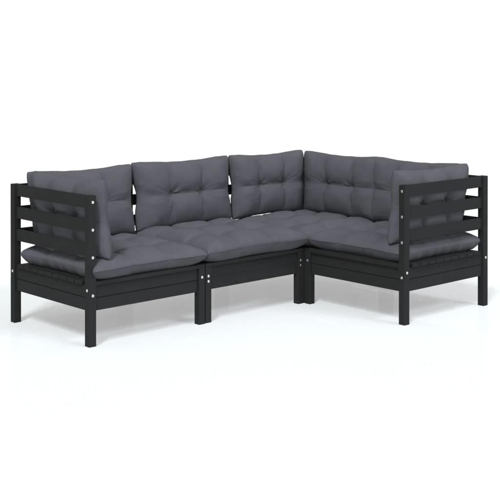 vidaXL Salon de jardin 4 pcs avec coussins Noir Bois de pin