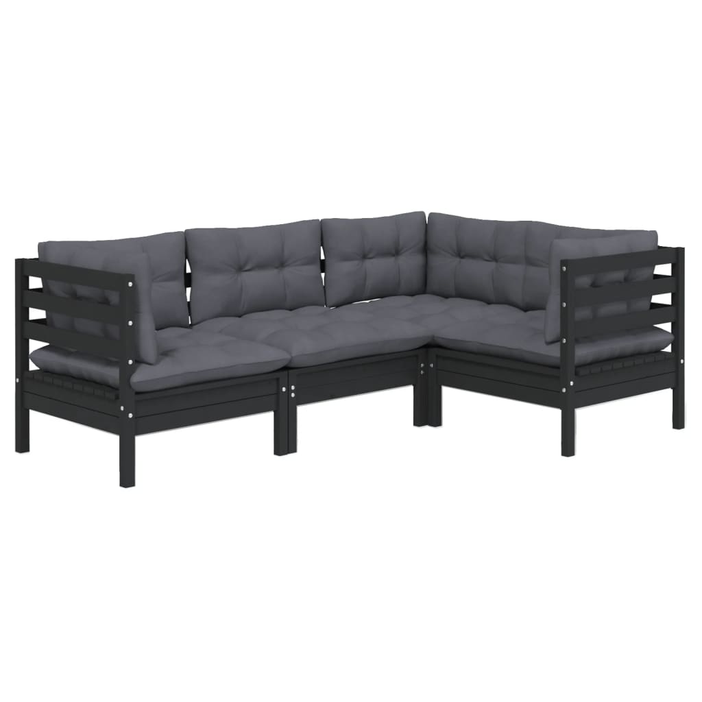 vidaXL Salon de jardin 4 pcs avec coussins Noir Bois de pin