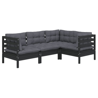 vidaXL Salon de jardin 4 pcs avec coussins Noir Bois de pin
