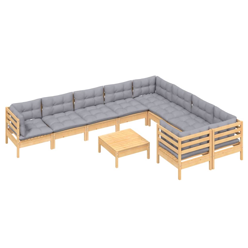 10-tlg. Garten-Lounge-Set mit Grauen Kissen Kiefernholz