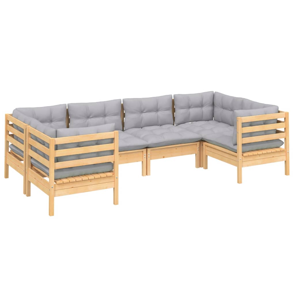 6-tlg. Garten-Lounge-Set mit Grauen Kissen Kiefernholz