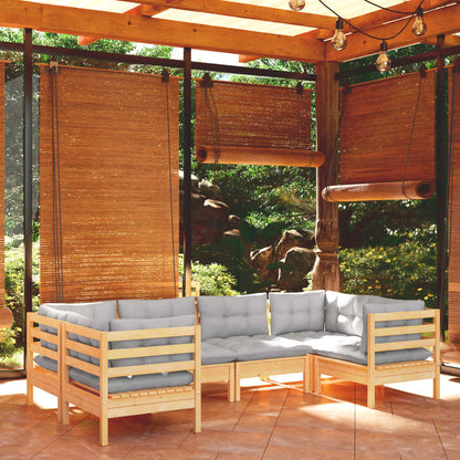 6-tlg. Garten-Lounge-Set mit Grauen Kissen Kiefernholz