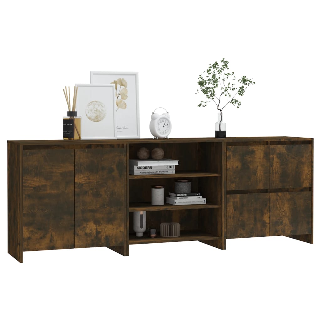 vidaXL 3-tlg. Sideboard Räuchereiche Holzwerkstoff