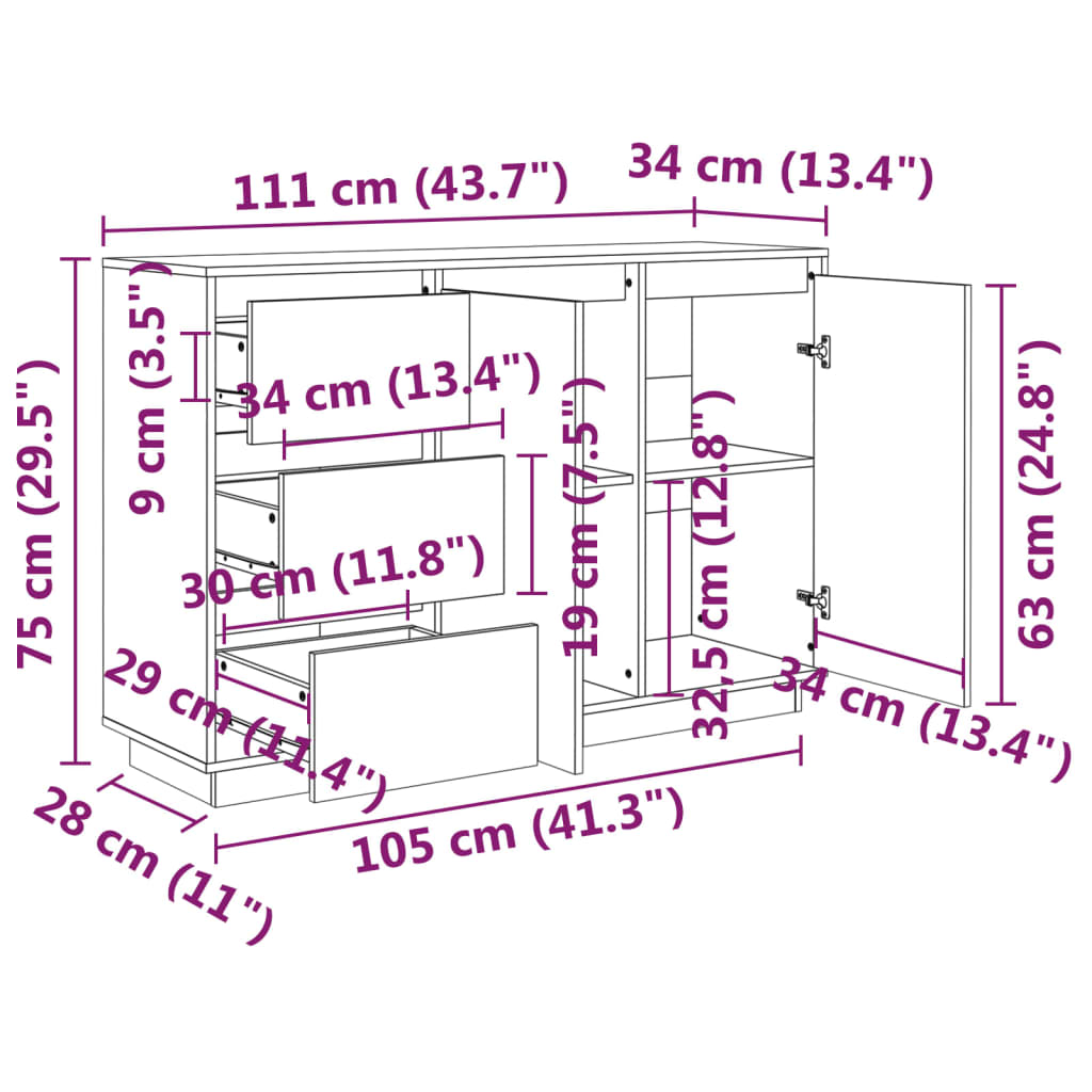 vidaXL Buffet Blanc 111x34x75 cm Bois de pin massif